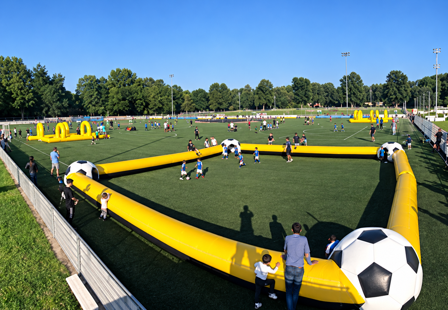 Voetbalveld met gele spelattracties tijdens een Voetbal Fun Dag